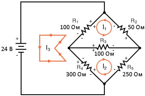 Рис. 21. Полярность падения напряжения на резисторе выбрана в соответствии с направлениями токов.