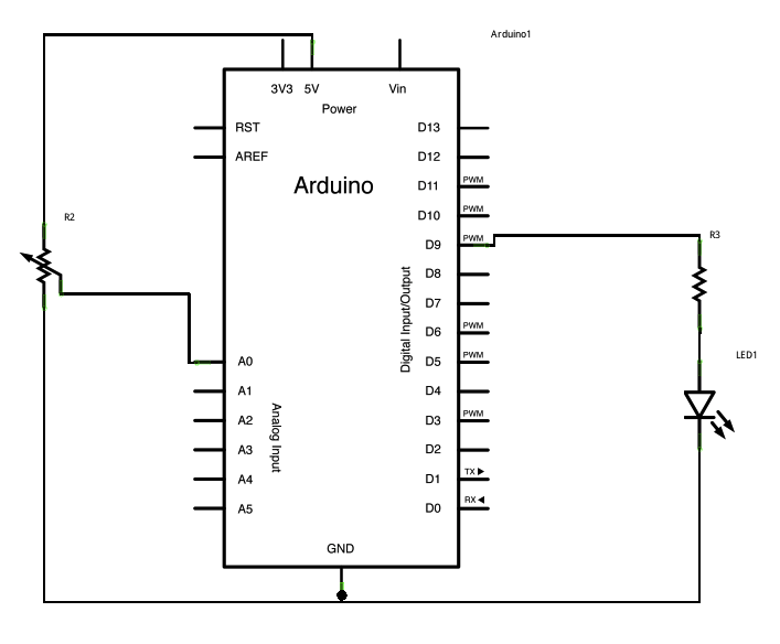 Рис. 2. Схема подключения светодиода и потенциометра к плате Arduino
