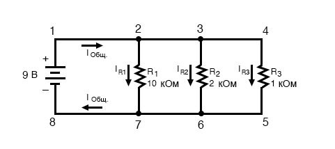 Рис. 5. Простая параллельная электрическая цепь с обозначением силы тока, проходящего через параллельные ветви.