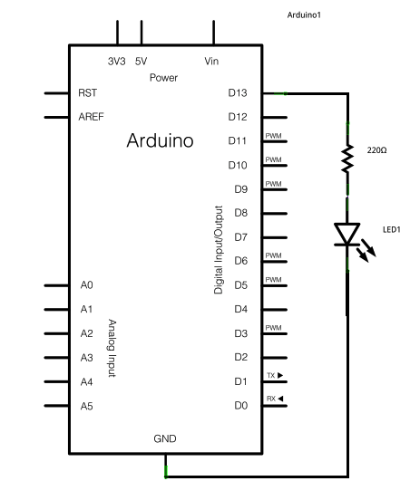 Рис. 2. Схема подключения светодиода к плате Arduino.