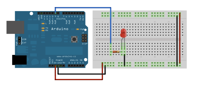 Рис. 1. Плата Arduino с подключенным через резистор светодиодом к 9-му контакту.