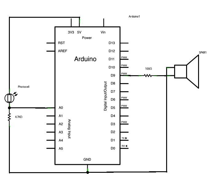 Рис. 2. Схема подключения пьезодинамика и фоторезистора к плате Arduino