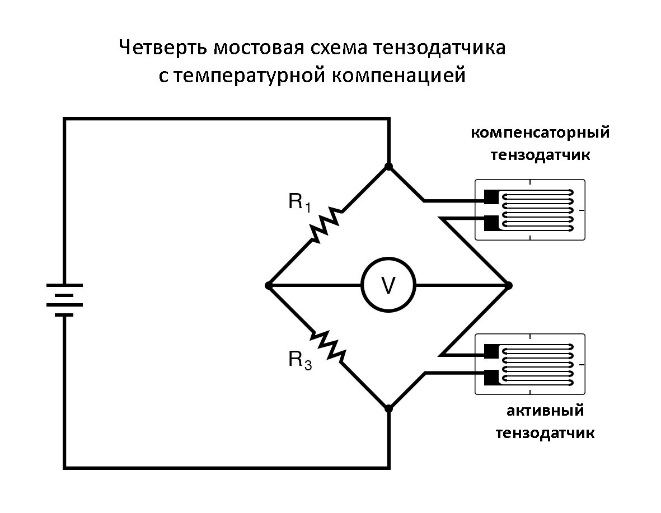 Рис. 5. Четверть мостовая схема тензодатчика с температурной компенсацией.