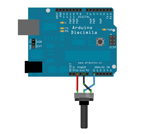 Рис. 1. Плата Arduino с подключенным потенциометром.