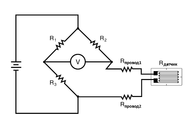 Рис. 3. Четверть мостовая схема тензодатчика с указанием сопротивления проводов.