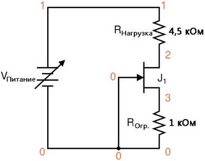 Рис. 4. Схематическая диаграмма для SPICE: JFET-транзистор в качестве регулятора тока.