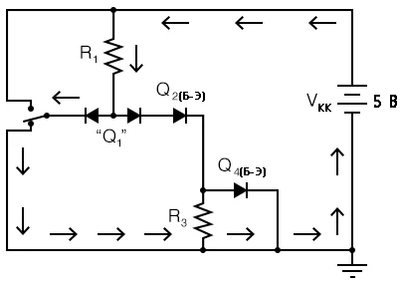 Рис. 6. В упрощённой схеме изменим положение переключателя. Показаны направления тока.