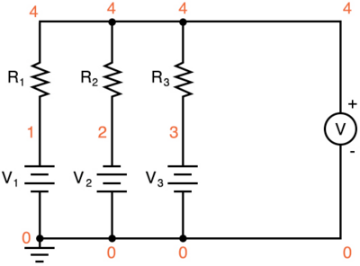 Рис. 5. Принципиальная схема усреднителя сигнала напряжения с отмеченными электрически общими точками.