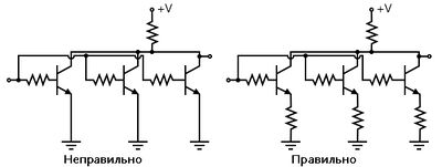 Рис. 6. Для транзисторов, подключённых параллельно для увеличения мощности, требуются эмиттерные балластные резисторы.