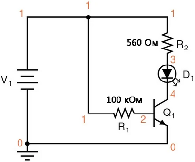 Рис. 5. Схематическая диаграмма для SPICE: транзистор в качестве переключателя.