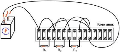 Рис. 3. Иллюстрация: батарея, три параллельных резистора (на клеммнике).