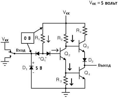 Рис. 8. Разобравшись на примере упрощённой схемы, можем в основной схеме показать направления тока (переключатель замкнут в положение «вверху»).