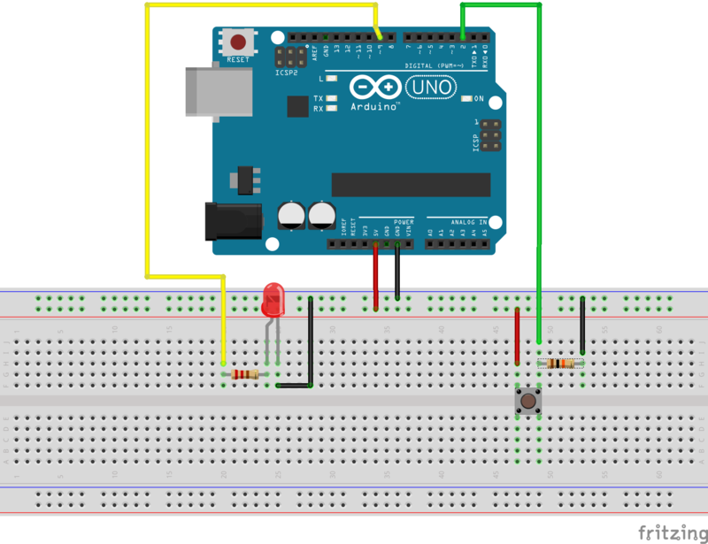 Рис. 1. Плата Arduino с подключенной кнопкой и светодиодом.