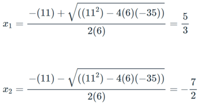 Рис. 2. Решение уравнения 6x^2 + 11x - 35 = 0
