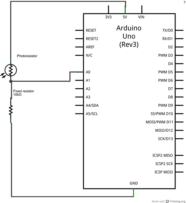 Рис. 4. Схема подключения фоторезистора к плате Arduino.