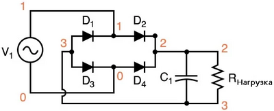 Рис. 9. Схематическая диаграмма для моделирования в SPICE: цепь «выпрямитель/фильтр»