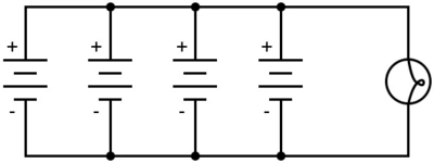 Рис. 1. Схематическая диаграмма: лампа подключена к последовательности батарей.
