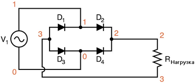Рис. 3. Схема с мостовым выпрямителем для моделирования в SPICE.
