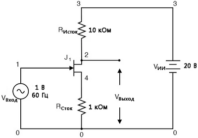 Рис. 13. Полевой транзистор в общим истоком и автосмещением.