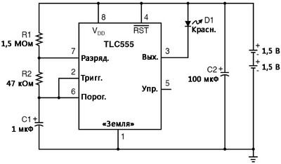 Рис. 1. Схематическая диаграмма: проблесковый прибор длительного действия на красных светодиодах.