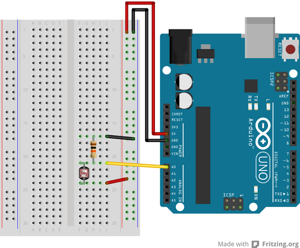 Рис. 2. Подключение фоторезистора к плате Arduino.