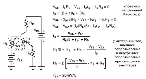Рис. 15. Здесь также уравнения смещения эмиттера с внутренним сопротивлением эмиттера rЭ.