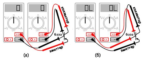 Рис. 1. Проверка измерителем PNP транзисторов: (а) прямое включение переходов «база/эмиттер» и «база/коллектор», сопротивление низкое; (б) обратное включение переходов «база/эмиттер» и «база/коллектор», сопротивление ∞.