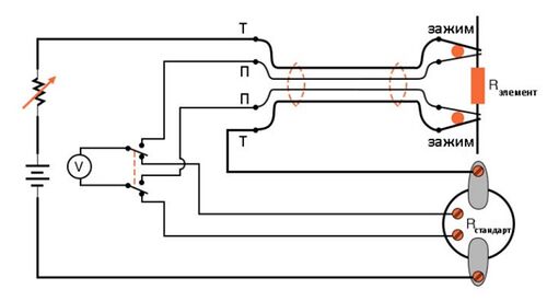 Рис. 11. Выясняем сопротивление элемента с применением зажимов Кельвина. Вместо амперметра используется шунтирующий резистор.